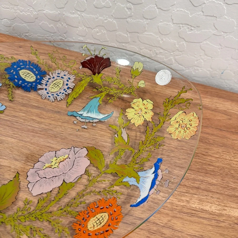 Vintage Dorothy Thorpe Hand-Painted Floral Glass Accent Bowl Platter